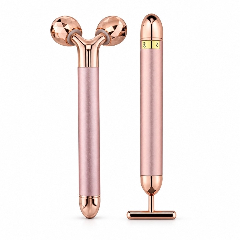 Ansiktsmassage med 3D-roller och T-formad massager Rosa
