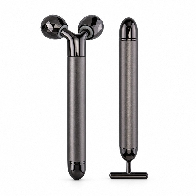 Ansiktsmassage med 3D-roller och T-formad massager Black