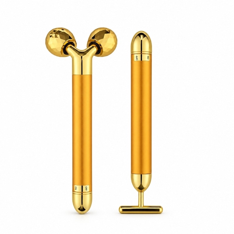 Ansiktsmassage med 3D-roller och T-formad massager Guld