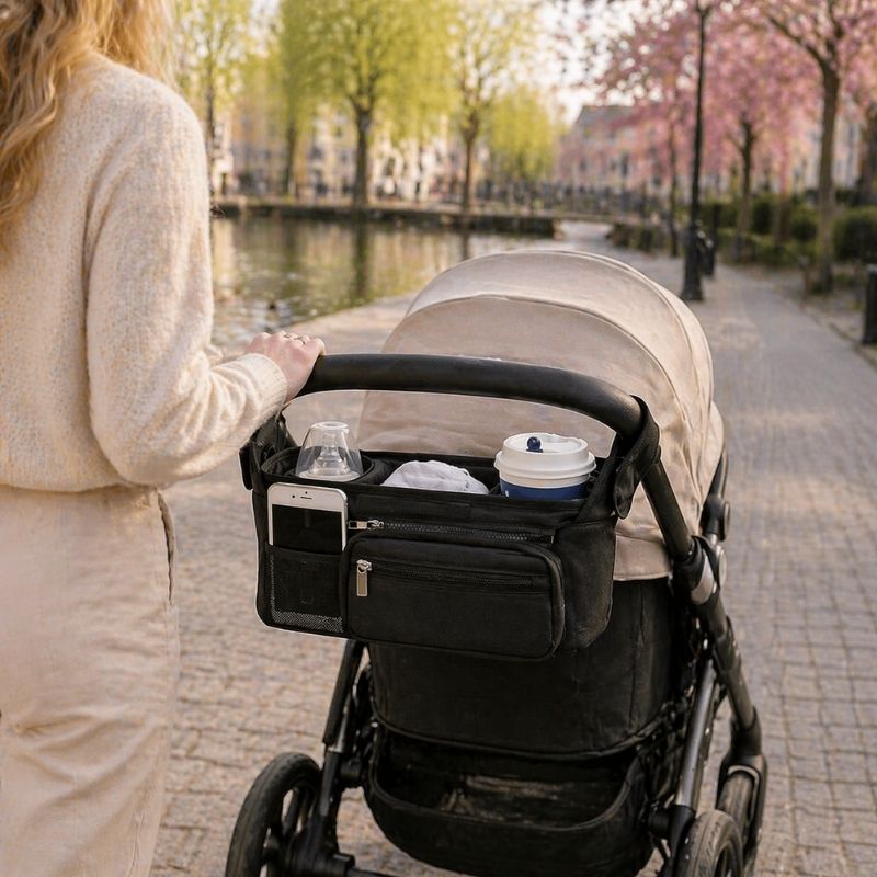 Barnvagnsväska med mugghållare och mobilfack