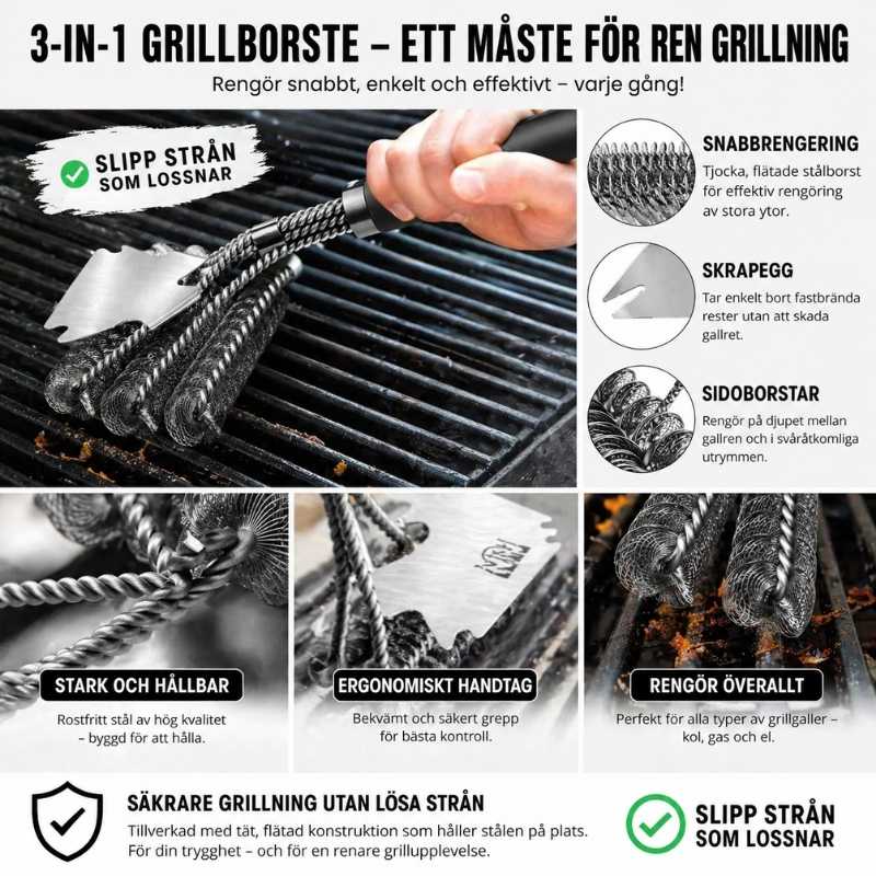 Stråfri grillborste i rostfritt stål för säker rengöring
