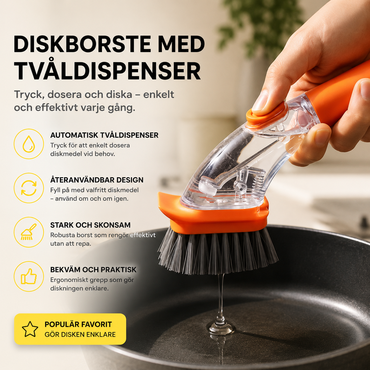 Diskborste med inbyggd diskmedelsbehållare