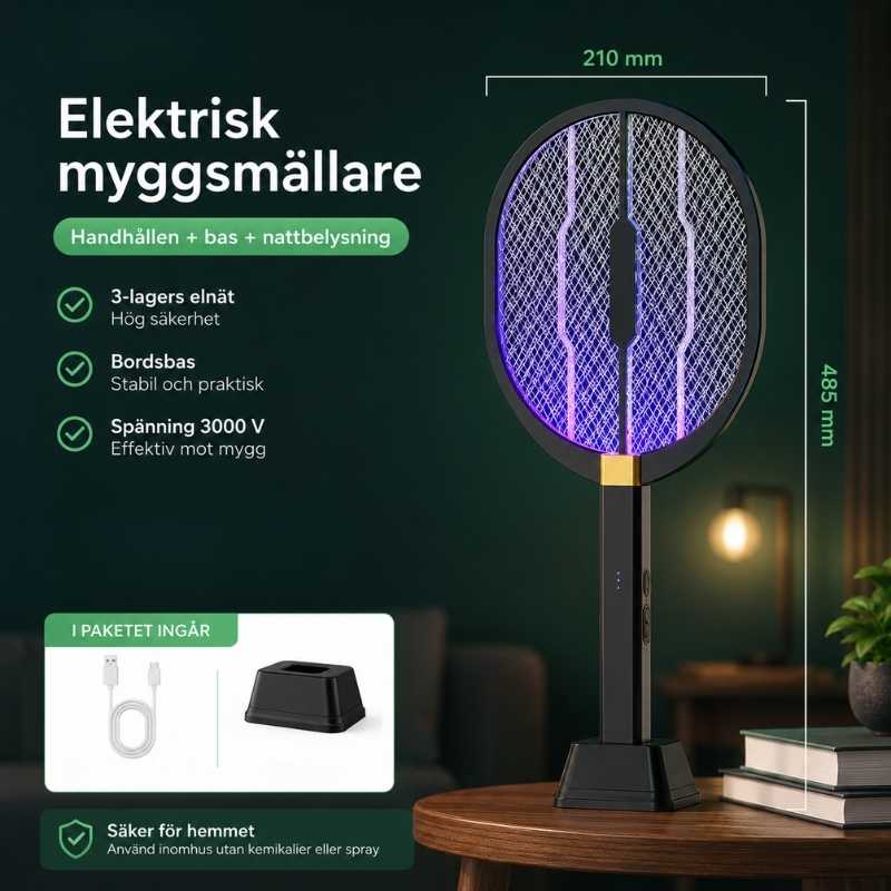 Elektrisk myggsmällare med stativ och nattlampa