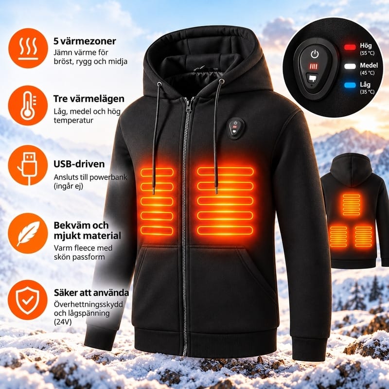 Eluppvärmd ziphoodie med tre värmelägen