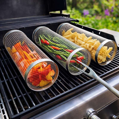 Grillkorg cylinder i nät för grönsaker och kött