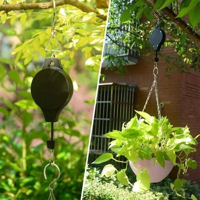 Höj- och sänkbar krok för hängande blomkrukor