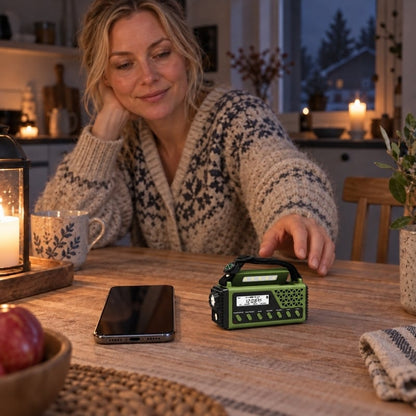 Nödradio med uppladdningsbart batteri och högtalare