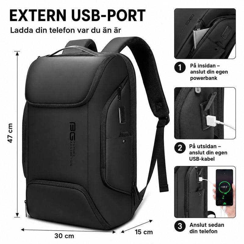 Premium reseryggsäck med laptopfack och USB-port