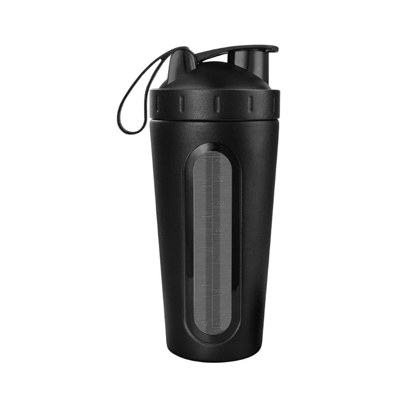Proteinshaker i rostfritt stål med måttskala Svart