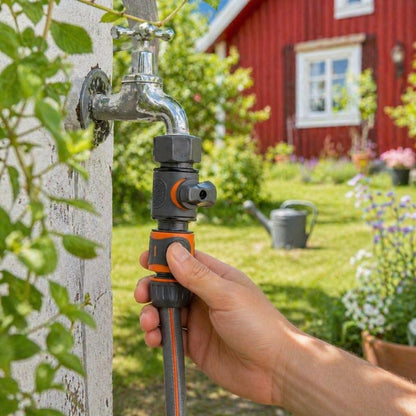 Slangkoppling med stoppfunktion för trädgårdsslang