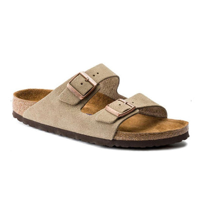 Tofflor i mockaskinn med dubbla remmar Beige