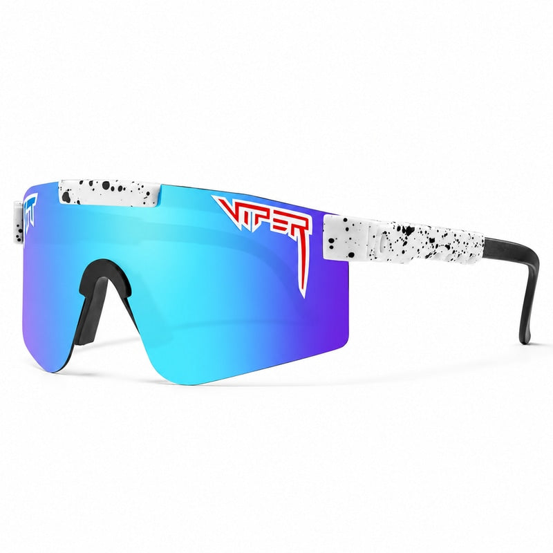 Solglasögon med bred visirlins Turkos Turkosblå lins – vit båge med svarta prickar