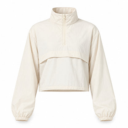 Kort träningsjacka för dam med halv dragkedja Beige
